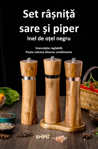 Set 2 rasnite pentru sare si piper, suport din lemn de acacia, inel de otel negru, granulatie reglabila, mecanism ceramic de inalta duritate, ax din aluminiu, capac si corp din lemn, maro [1]