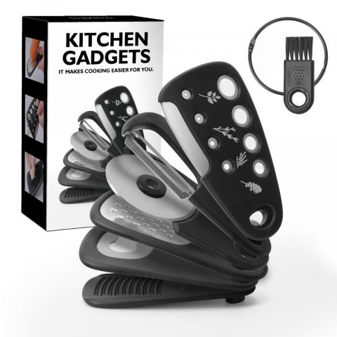 CASA - Set ustensile de bucatarie multifunctionale 6 in 1, razatoare, deschizator de sticle, curatator fructe si legume, taietor pizza, peeler, razatoare usturoi si ghimbir, otel inoxidabil, negre