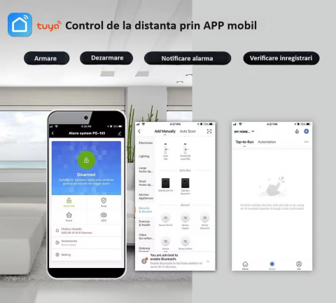 Sistem de alarma wireless, LCD, WiFi, GSM, RFID, touchscreen, control prin aplicatia Tuya Smart, kit inteligent cu senzor si detector PIR, alerta prin SMS, apel vocal, notificare pe telefon, alb [8]