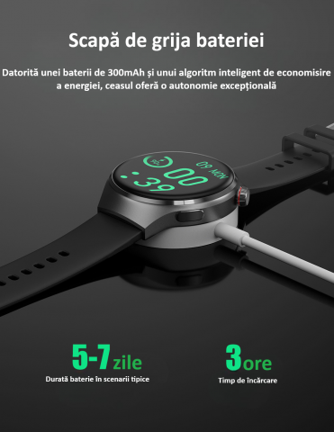 Smartwatch, ecran 1.6", rezistent la apa, notificari apel bluetooth/sms/social media, monitorizare activitati fizice, somn, ritm cardiac, pedometru, incarcare wireless, unisex, Android, IOS, negru [16]