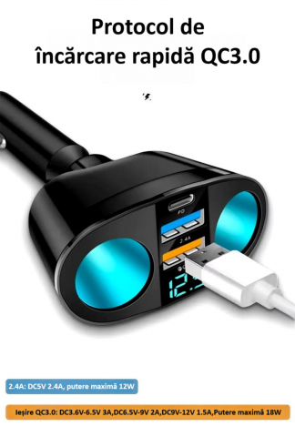 Splitter pentru bricheta auto, 5 porturi, adaptor priza auto multiplicator, cu afisaj digital, incarcator rapid QC3.0 si PD 20W, 2 socluri bricheta, 1 x USB-C, afisaj LED, rotire 360°, negru [11]