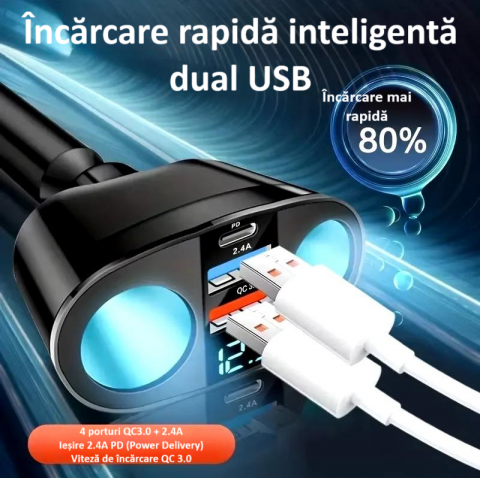 Splitter pentru bricheta auto, 5 porturi, adaptor priza auto multiplicator, cu afisaj digital, incarcator rapid QC3.0 si PD 20W, 2 socluri bricheta, 1 x USB-C, afisaj LED, rotire 360°, negru [3]