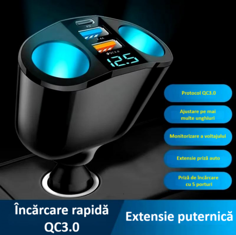 Splitter pentru bricheta auto, 5 porturi, adaptor priza auto multiplicator, cu afisaj digital, incarcator rapid QC3.0 si PD 20W, 2 socluri bricheta, 1 x USB-C, afisaj LED, rotire 360°, negru [1]