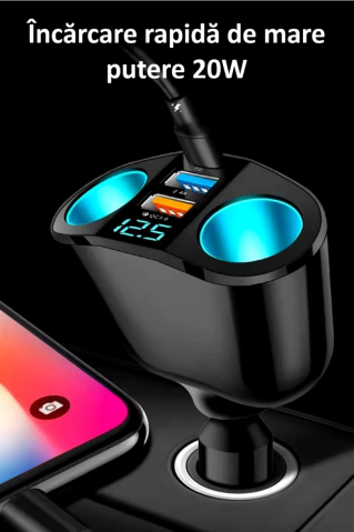 Splitter pentru bricheta auto, 5 porturi, adaptor priza auto multiplicator, cu afisaj digital, incarcator rapid QC3.0 si PD 20W, 2 socluri bricheta, 1 x USB-C, afisaj LED, rotire 360°, negru [8]