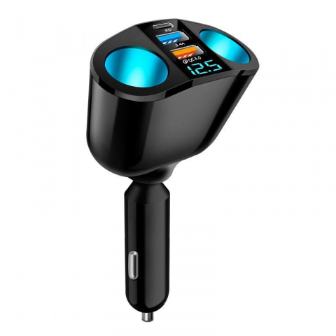 ACCESORII AUTO - Splitter pentru bricheta auto, 5 porturi, adaptor priza auto multiplicator, cu afisaj digital, incarcator rapid QC3.0 si PD 20W, 2 socluri bricheta, 1 x USB-C, afisaj LED, rotire 360°, negru