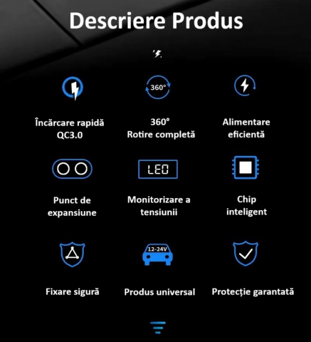 Splitter pentru bricheta auto, 5 porturi, adaptor priza auto multiplicator, cu afisaj digital, incarcator rapid QC3.0 si PD 20W, 2 socluri bricheta, 1 x USB-C, afisaj LED, rotire 360°, negru [10]