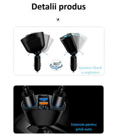 Splitter pentru bricheta auto, 5 porturi, adaptor priza auto multiplicator, cu afisaj digital, incarcator rapid QC3.0 si PD 20W, 2 socluri bricheta, 1 x USB-C, afisaj LED, rotire 360°, negru [13]