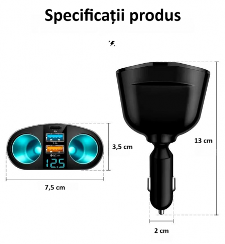 Splitter pentru bricheta auto, 5 porturi, adaptor priza auto multiplicator, cu afisaj digital, incarcator rapid QC3.0 si PD 20W, 2 socluri bricheta, 1 x USB-C, afisaj LED, rotire 360°, negru [12]