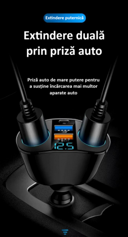 Splitter pentru bricheta auto, 5 porturi, adaptor priza auto multiplicator, cu afisaj digital, incarcator rapid QC3.0 si PD 20W, 2 socluri bricheta, 1 x USB-C, afisaj LED, rotire 360°, negru [7]