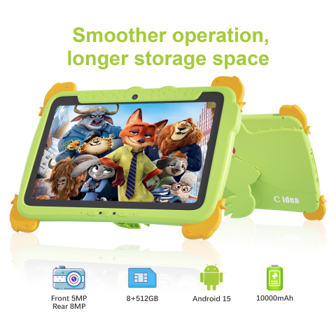 Tableta educationala pentru copii ZYTEQ®️ 10.1 inch, Android, 8GB RAM + 512GB, 5G, control parental, camera duala, carcasa rezistenta, ecran tactil HD, WiFi, Bluetooth, husal, verde [1]