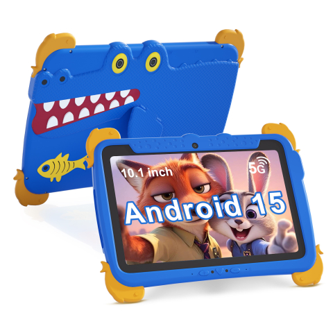 COPII - Tableta educationala pentru copii ZYTEQ®️ 10.1 inch, Android, 8GB RAM + 512GB, 5G, control parental, camera duala, carcasa rezistenta, ecran tactil HD, WiFi, Bluetooth, husal, albastra