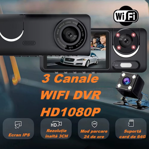 Camera video de bord auto S16 Full HD 1080P, WDR, 170°, 3 lentile, Wi-Fi, ecran IPS de 2 inch, filmare zi si noapte, inregistrare in bucla, Night Vision, detectare miscare, parcare asistata, neagra [11]