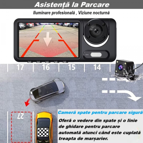 Camera video de bord auto S16 Full HD 1080P, WDR, 170°, 3 lentile, Wi-Fi, ecran IPS de 2 inch, filmare zi si noapte, inregistrare in bucla, Night Vision, detectare miscare, parcare asistata, neagra [17]