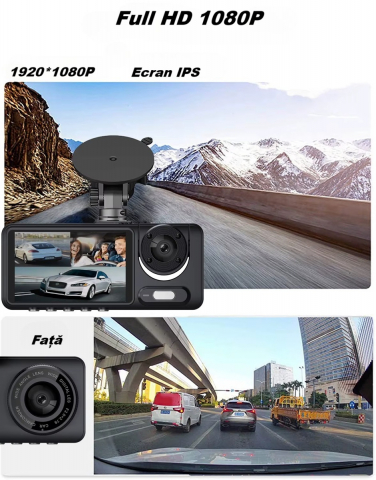 Camera video de bord auto S16 Full HD 1080P, WDR, 170°, 3 lentile, Wi-Fi, ecran IPS de 2 inch, filmare zi si noapte, inregistrare in bucla, Night Vision, detectare miscare, parcare asistata, neagra [13]